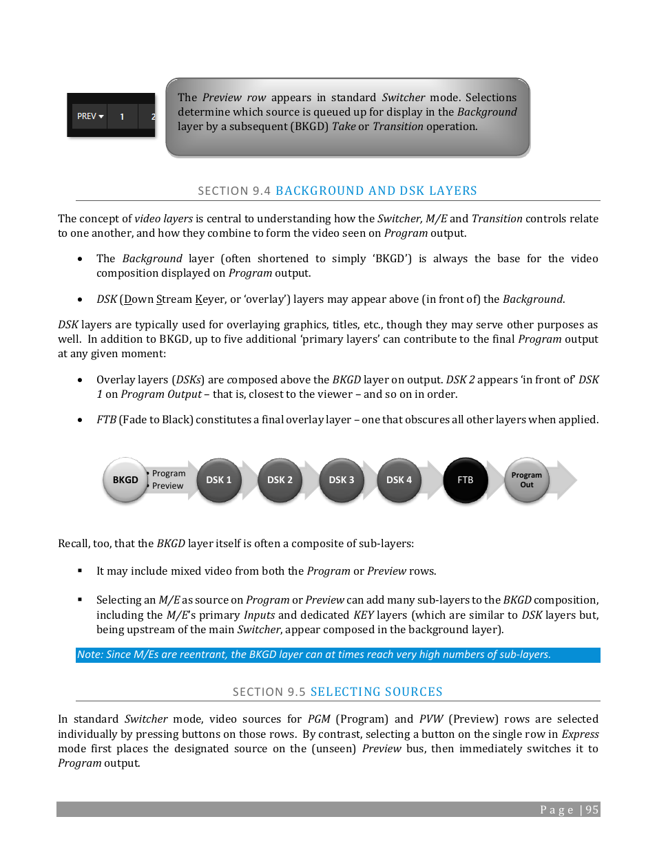 Section 9.4 background and dsk layers, Section 9.5 selecting sources | NewTek TriCaster 2 Elite (3 RU) User Manual | Page 113 / 318