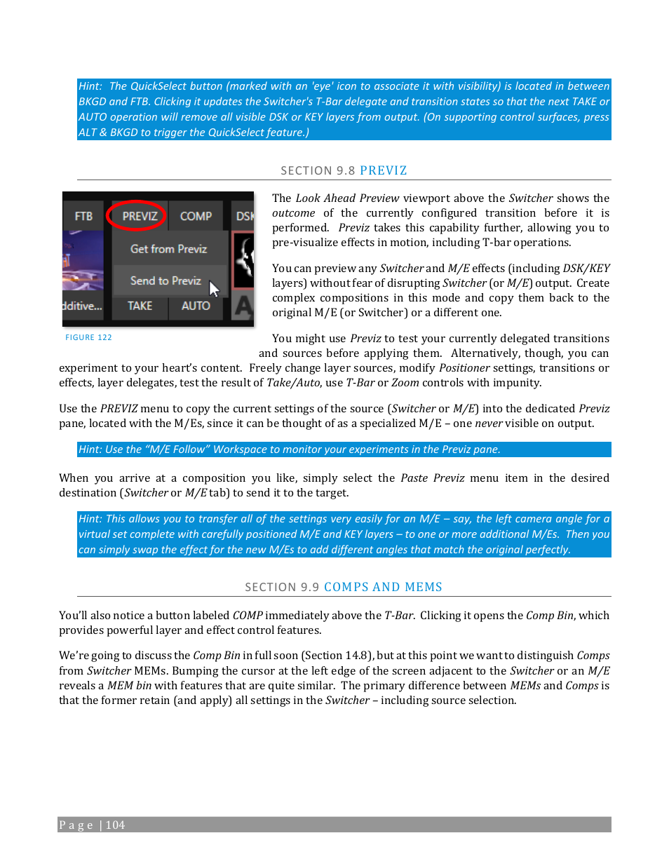 Section 9.8 previz, Section 9.9 comps and mems | NewTek TriCaster 2 Elite (3 RU) User Manual | Page 122 / 318