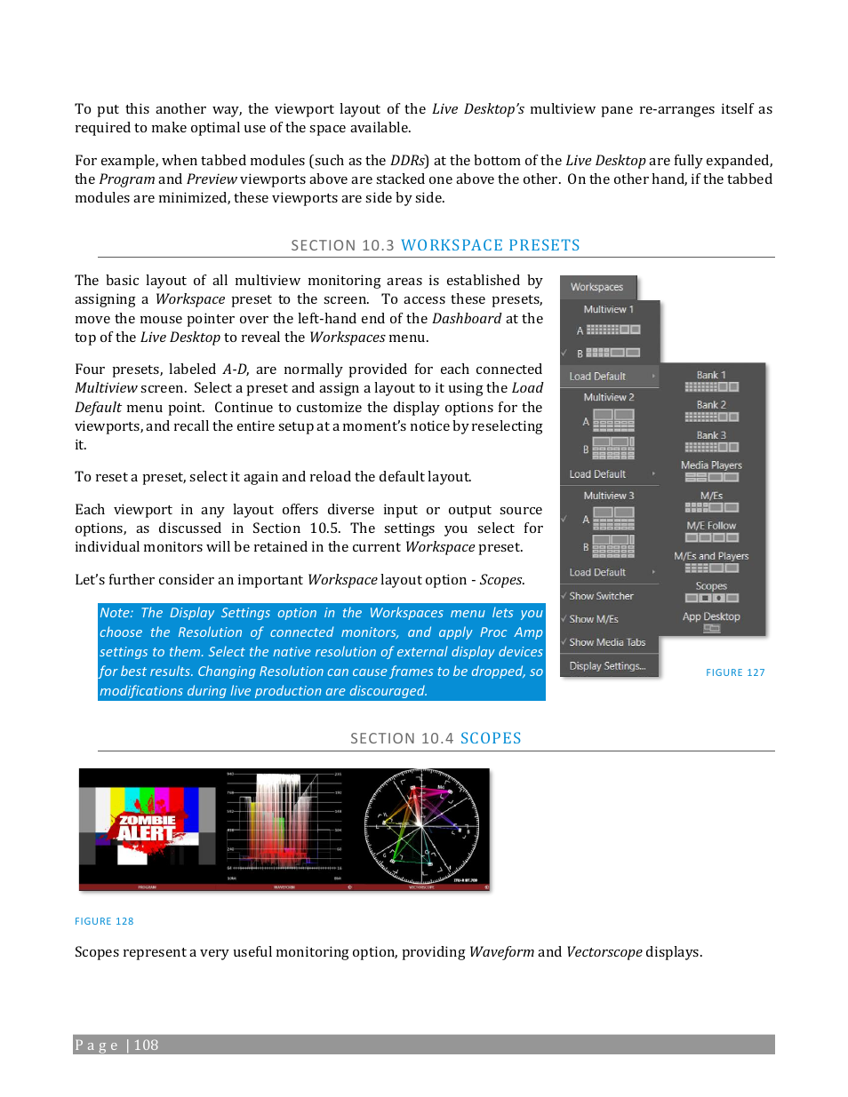 Section 10.3 workspace presets, Section 10.4 scopes | NewTek TriCaster 2 Elite (3 RU) User Manual | Page 126 / 318