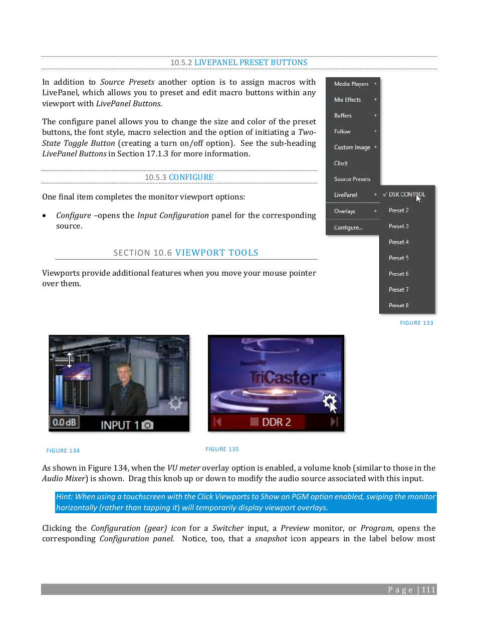 2 livepanel preset buttons, 3 configure, Section 10.6 viewport tools | NewTek TriCaster 2 Elite (3 RU) User Manual | Page 129 / 318