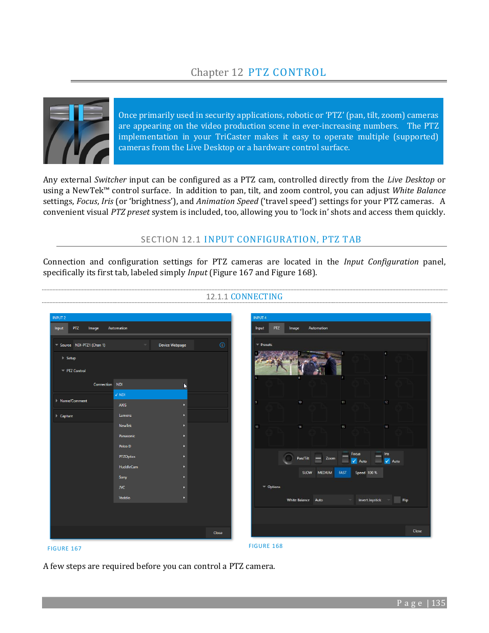 Chapter 12, Ptz control, Section 12.1 input configuration, ptz tab | 1 connecting, Chapter 12 ptz control | NewTek TriCaster 2 Elite (3 RU) User Manual | Page 153 / 318