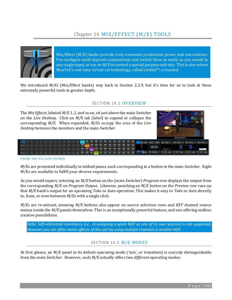 Chapter 14, Mix/effect (m/e) tools, Section 14.1 overview | Section 14.2 m/e modes, Chapter 14 mix/effect (m/e) tools | NewTek TriCaster 2 Elite (3 RU) User Manual | Page 163 / 318