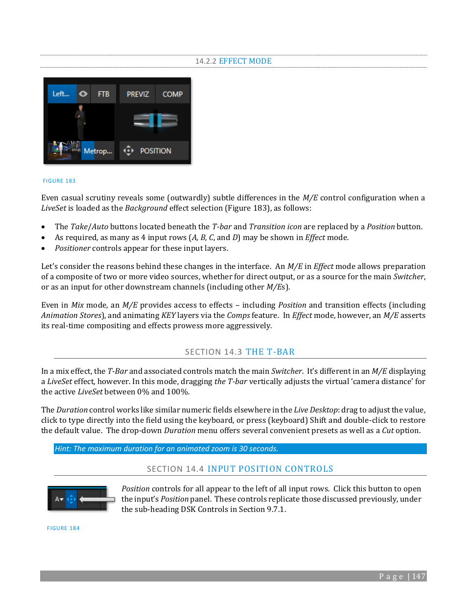 2 effect mode, Section 14.3 the t-bar, Section 14.4 input position controls | NewTek TriCaster 2 Elite (3 RU) User Manual | Page 165 / 318