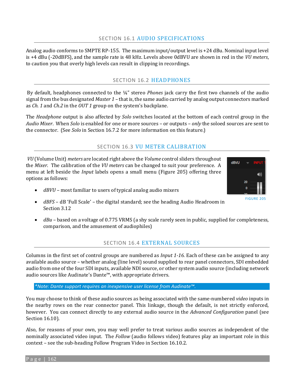 Section 16.1 audio specifications, Section 16.2 headphones, Section 16.3 vu meter calibration | Section 16.4 external sources | NewTek TriCaster 2 Elite (3 RU) User Manual | Page 180 / 318