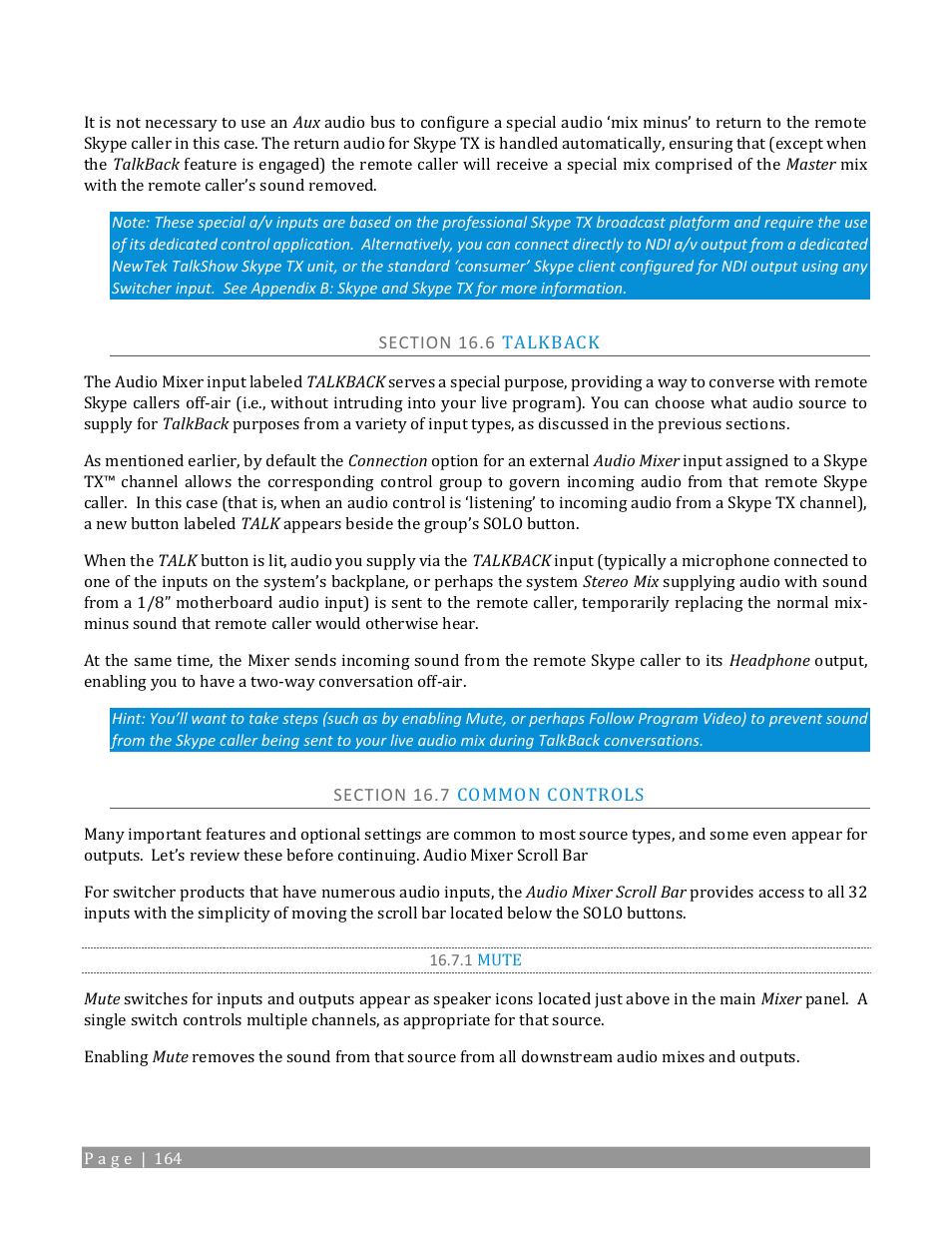 Section 16.6 talkback, Section 16.7 common controls, 1 mute | NewTek TriCaster 2 Elite (3 RU) User Manual | Page 182 / 318