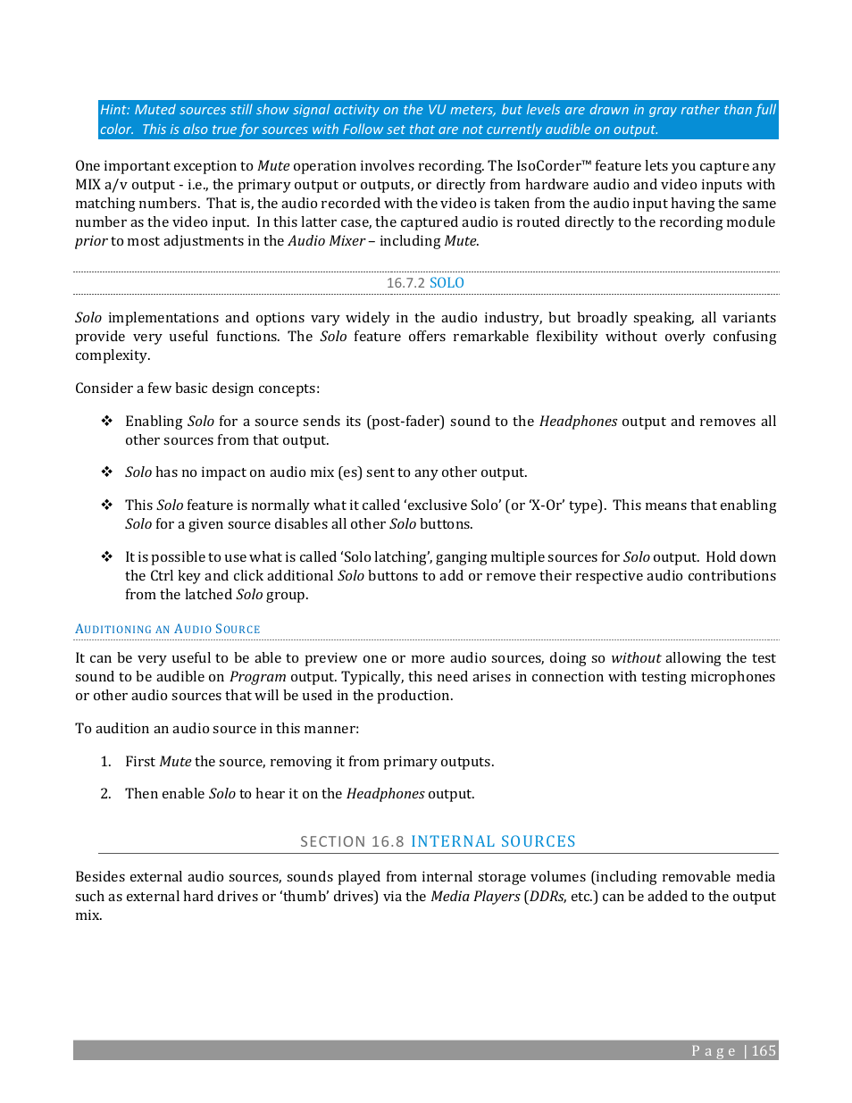 2 solo, Section 16.8 internal sources, Solo | NewTek TriCaster 2 Elite (3 RU) User Manual | Page 183 / 318