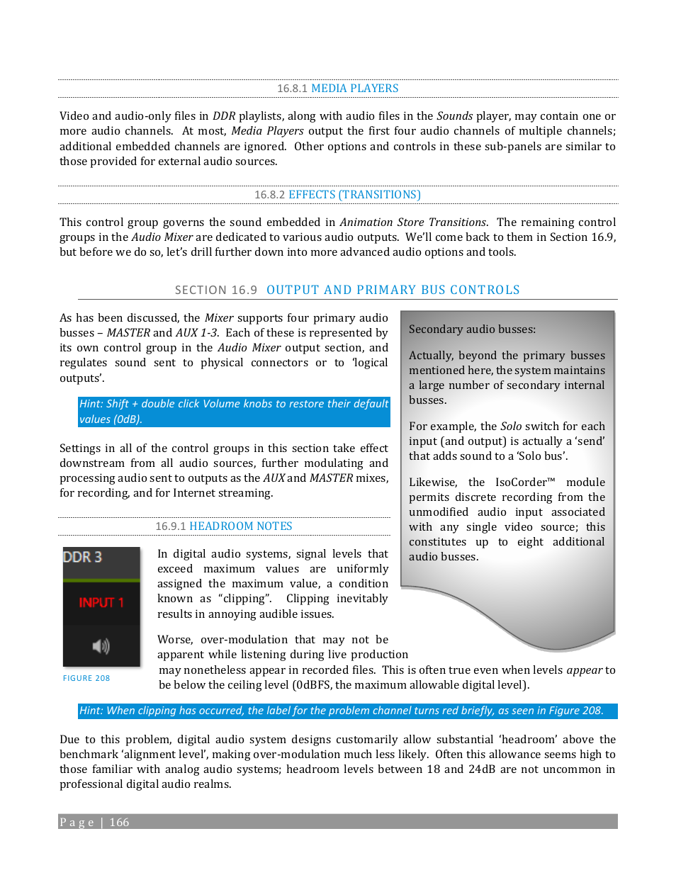 1 media players, 2 effects (transitions), Section 16.9 output and primary bus controls | 1 headroom notes | NewTek TriCaster 2 Elite (3 RU) User Manual | Page 184 / 318