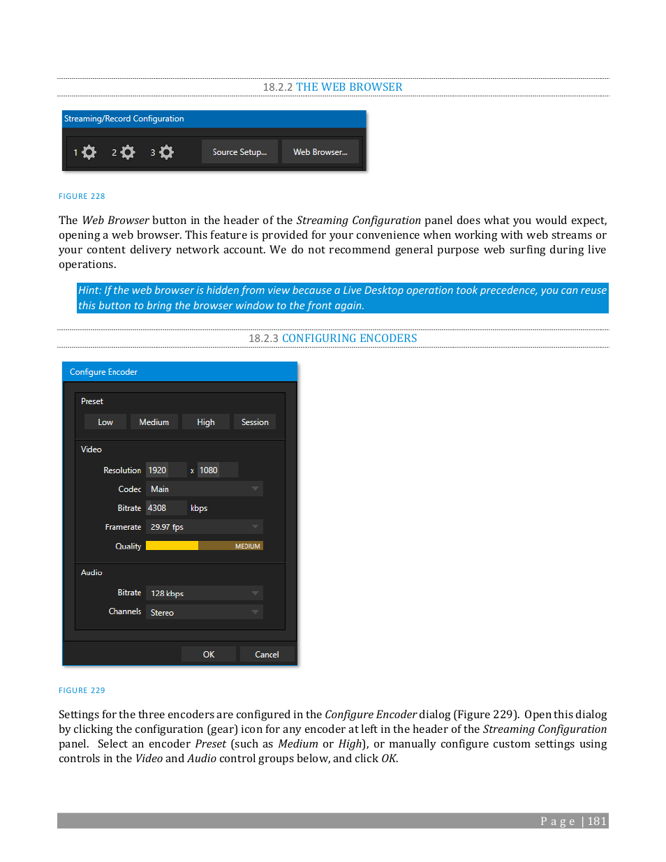 2 the web browser, 3 configuring encoders | NewTek TriCaster 2 Elite (3 RU) User Manual | Page 199 / 318