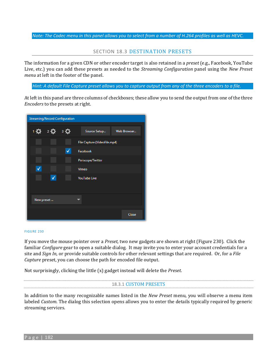 Section 18.3 destination presets, 1 custom presets | NewTek TriCaster 2 Elite (3 RU) User Manual | Page 200 / 318