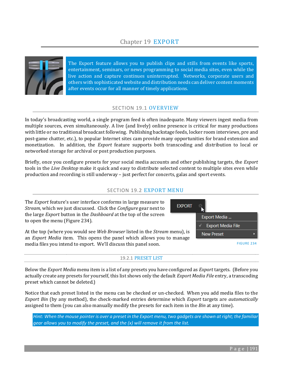 Chapter 19, Export, Section 19.1 overview | Section 19.2 export menu, 1 preset list, Chapter 19 export | NewTek TriCaster 2 Elite (3 RU) User Manual | Page 209 / 318