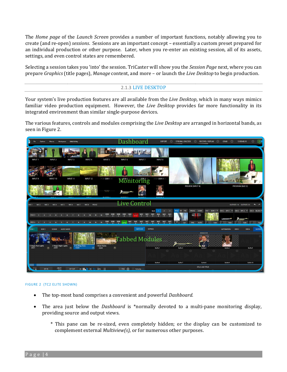 3 live desktop, Monitoring dashboard live control tabbed modules | NewTek TriCaster 2 Elite (3 RU) User Manual | Page 22 / 318