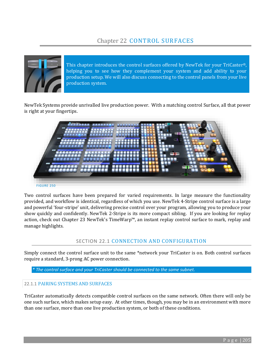 Chapter 22, Control surfaces, Section 22.1 connection and configuration | 1 pairing systems and surfaces, E chapter 22), Chapter 22 control surfaces | NewTek TriCaster 2 Elite (3 RU) User Manual | Page 223 / 318