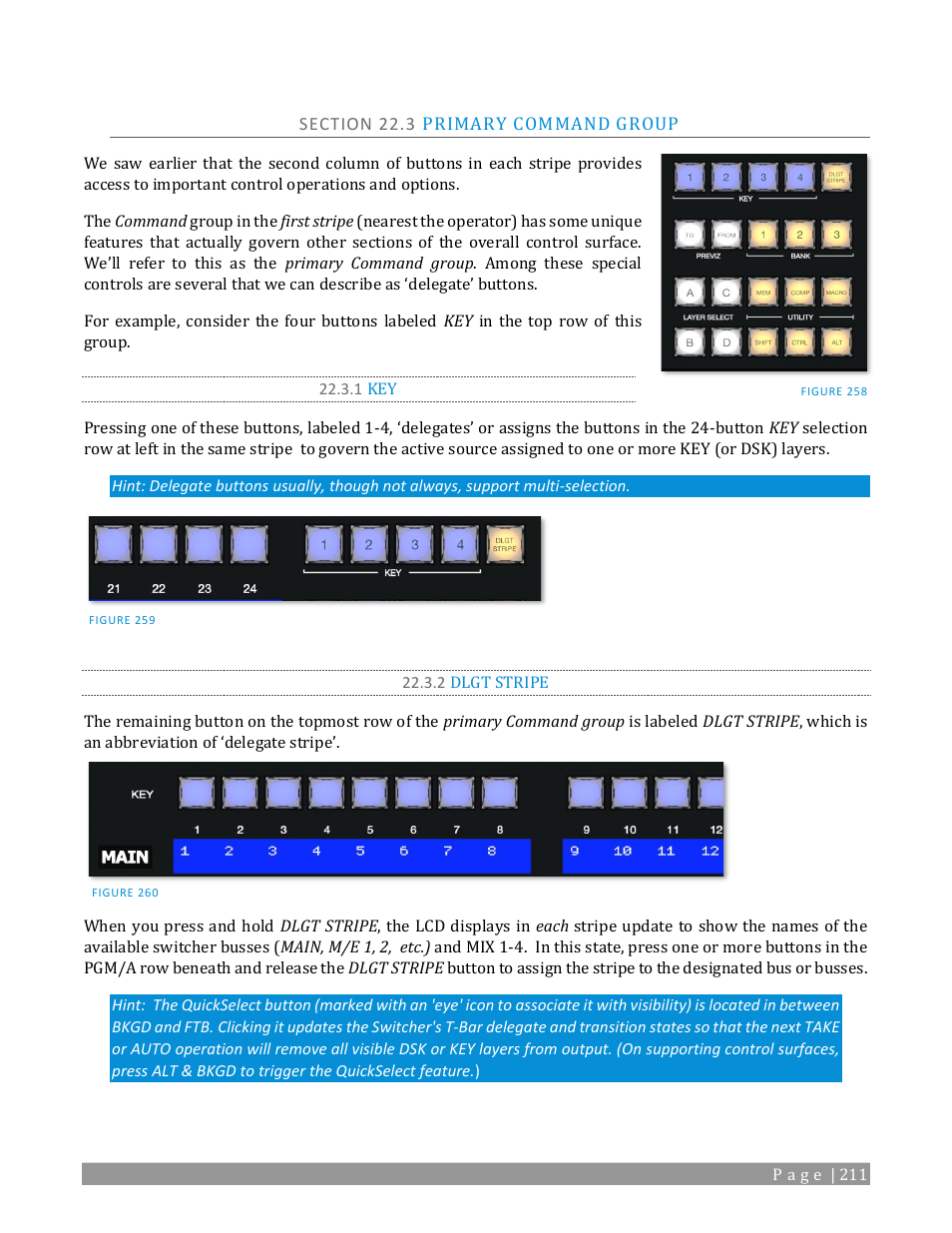 Section 22.3 primary command group, 1 key, 2 dlgt stripe | NewTek TriCaster 2 Elite (3 RU) User Manual | Page 229 / 318