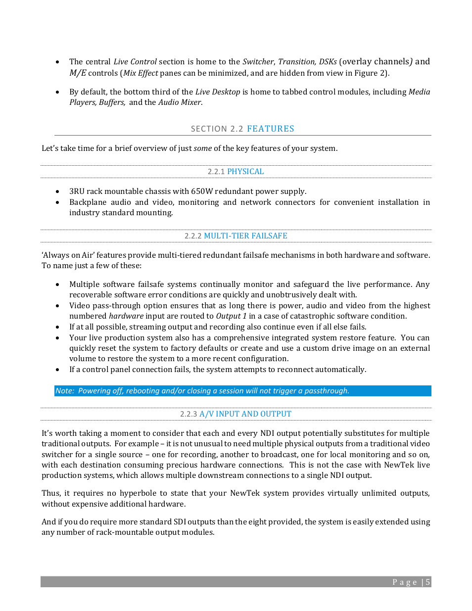 Section 2.2 features, 1 physical, 2 multi-tier failsafe | 3 a/v input and output | NewTek TriCaster 2 Elite (3 RU) User Manual | Page 23 / 318