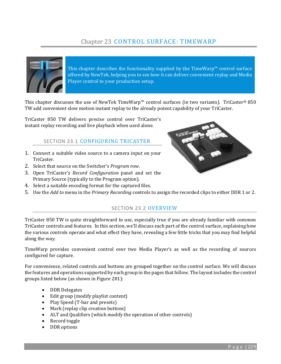 Chapter 23, Control surface: timewarp, Section 23.1 configuring tricaster | Section 23.2 overview, Chapter 23), Chapter 23 control surface: timewarp | NewTek TriCaster 2 Elite (3 RU) User Manual | Page 247 / 318