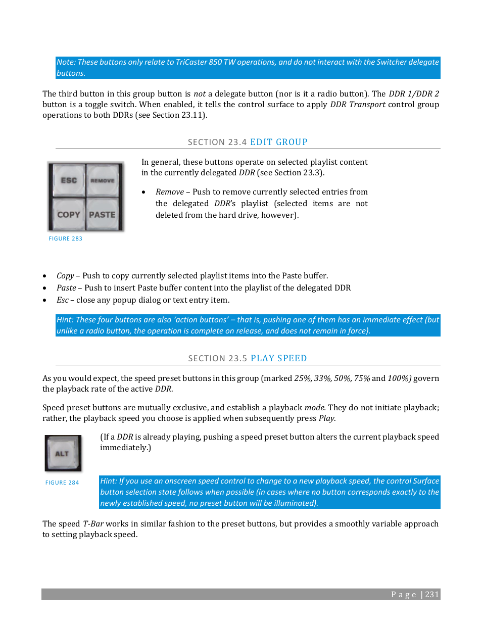 Section 23.4 edit group, Section 23.5 play speed | NewTek TriCaster 2 Elite (3 RU) User Manual | Page 249 / 318