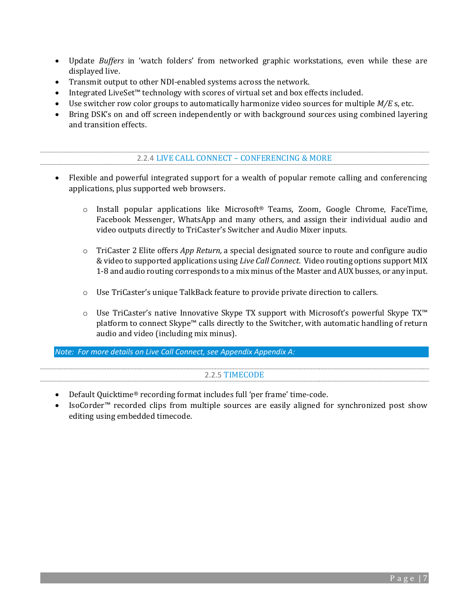 4 live call connect, Conferencing & more, 5 timecode | NewTek TriCaster 2 Elite (3 RU) User Manual | Page 25 / 318