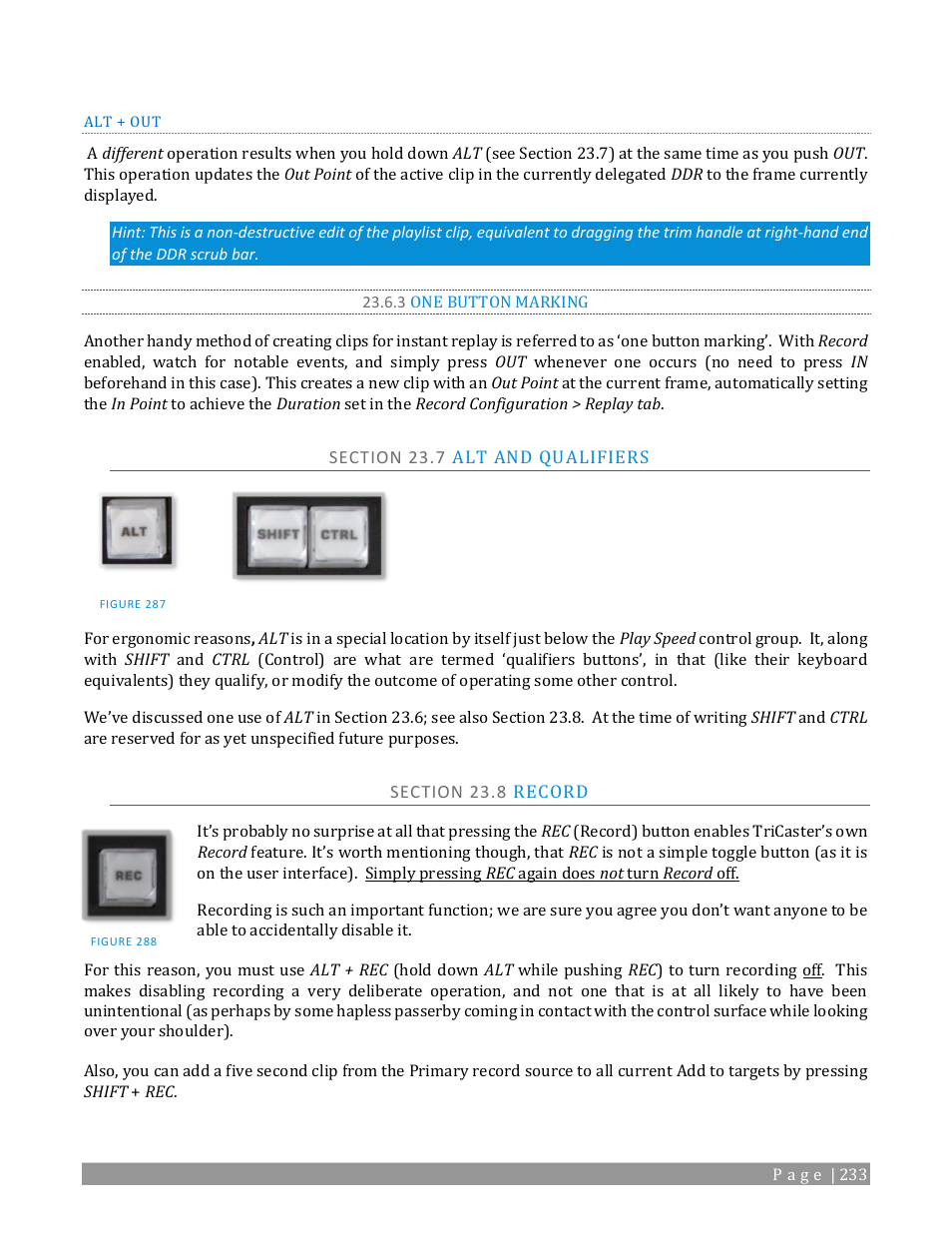 3 one button marking, Section 23.7 alt and qualifiers, Section 23.8 record | NewTek TriCaster 2 Elite (3 RU) User Manual | Page 251 / 318