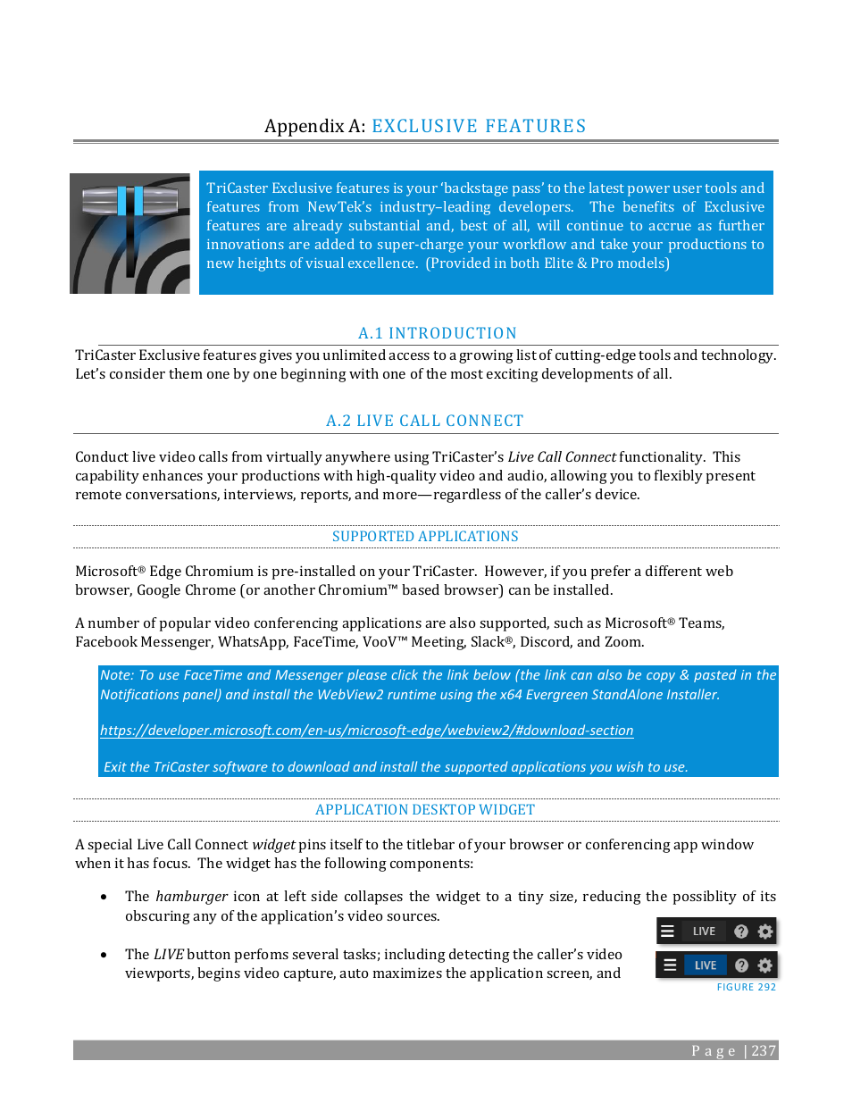 Appendix a: exclusive features, Introduction, Live call connect | Supported applications, Application desktop widget, In appendix a: exclusive features, See appendix a: exclusive features | NewTek TriCaster 2 Elite (3 RU) User Manual | Page 255 / 318