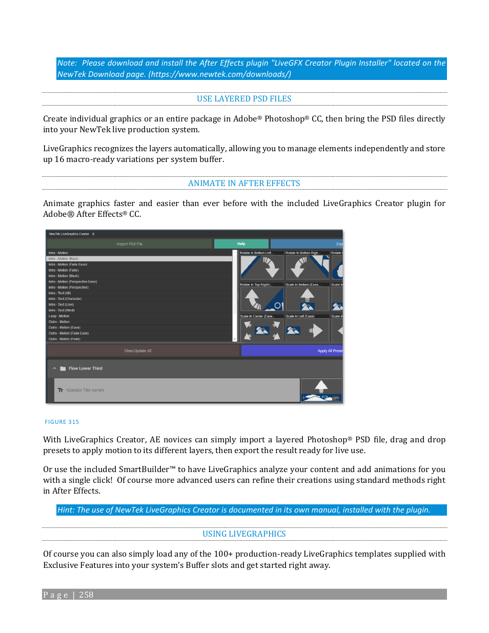 Animate in after effects, Using livegraphics | NewTek TriCaster 2 Elite (3 RU) User Manual | Page 276 / 318