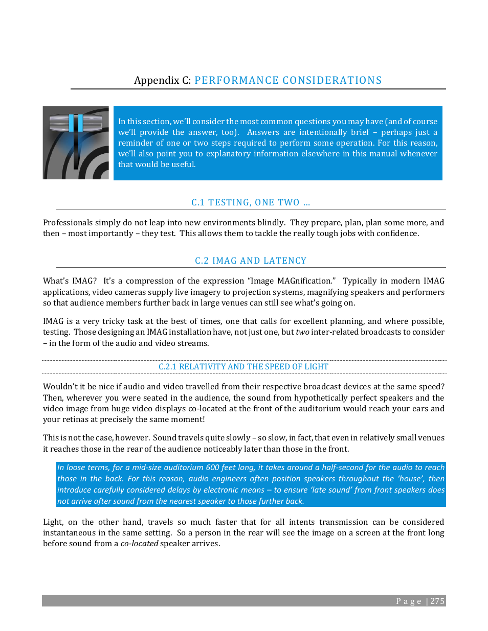 Appendix c: performance considerations, Testing, one two, Imag and latency | C.2.1, Relativity and the speed of light | NewTek TriCaster 2 Elite (3 RU) User Manual | Page 293 / 318