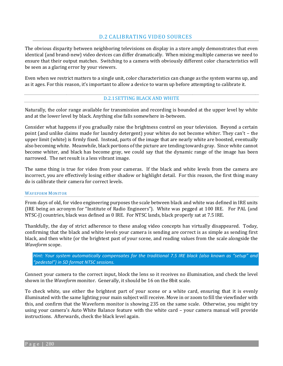 Calibrating video sources, D.2.1, Setting black and white | NewTek TriCaster 2 Elite (3 RU) User Manual | Page 298 / 318