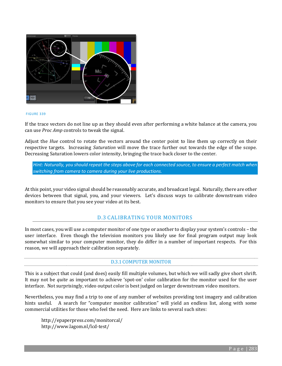 Calibrating your monitors, D.3.1, Computer monitor | NewTek TriCaster 2 Elite (3 RU) User Manual | Page 301 / 318