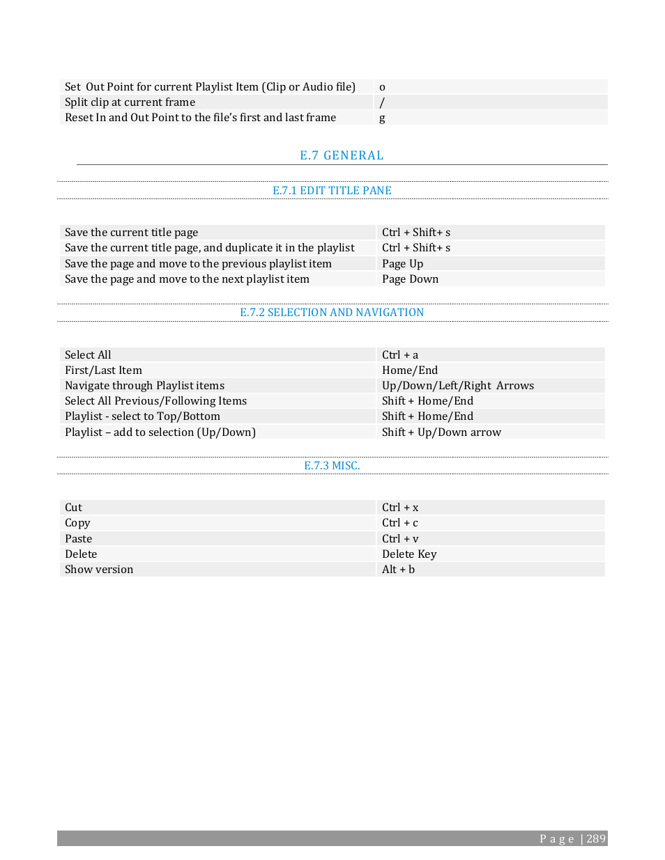 General, E.7.1, Edit title pane | E.7.2, Selection and navigation, E.7.3, Misc | NewTek TriCaster 2 Elite (3 RU) User Manual | Page 307 / 318