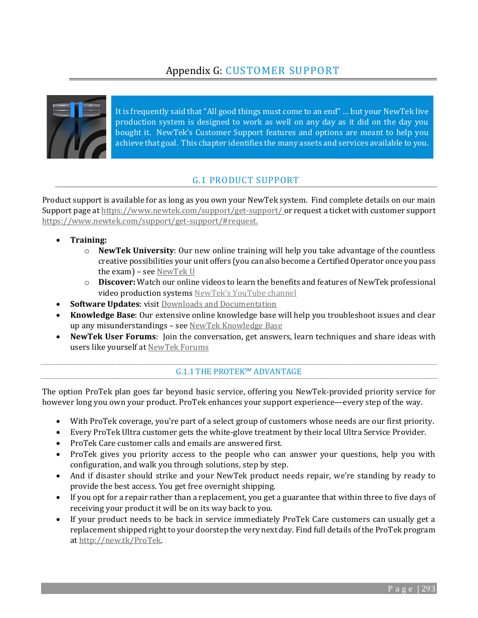 Appendix g: customer support, Product support, G.1.1 | The protek, Advantage | NewTek TriCaster 2 Elite (3 RU) User Manual | Page 311 / 318