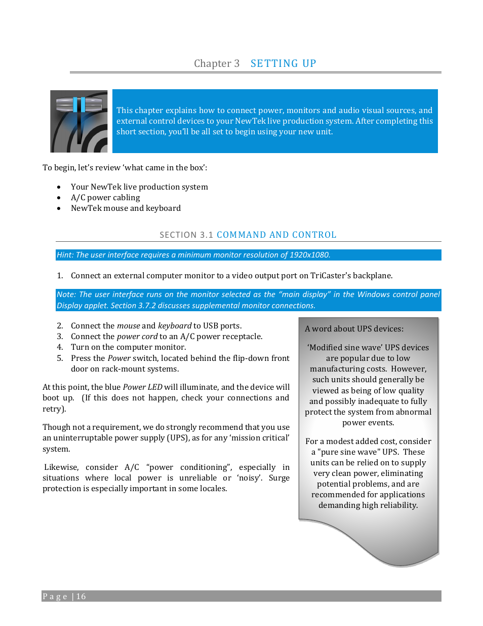 Chapter 3, Setting up, Section 3.1 command and control | Chapter 3 setting up | NewTek TriCaster 2 Elite (3 RU) User Manual | Page 34 / 318