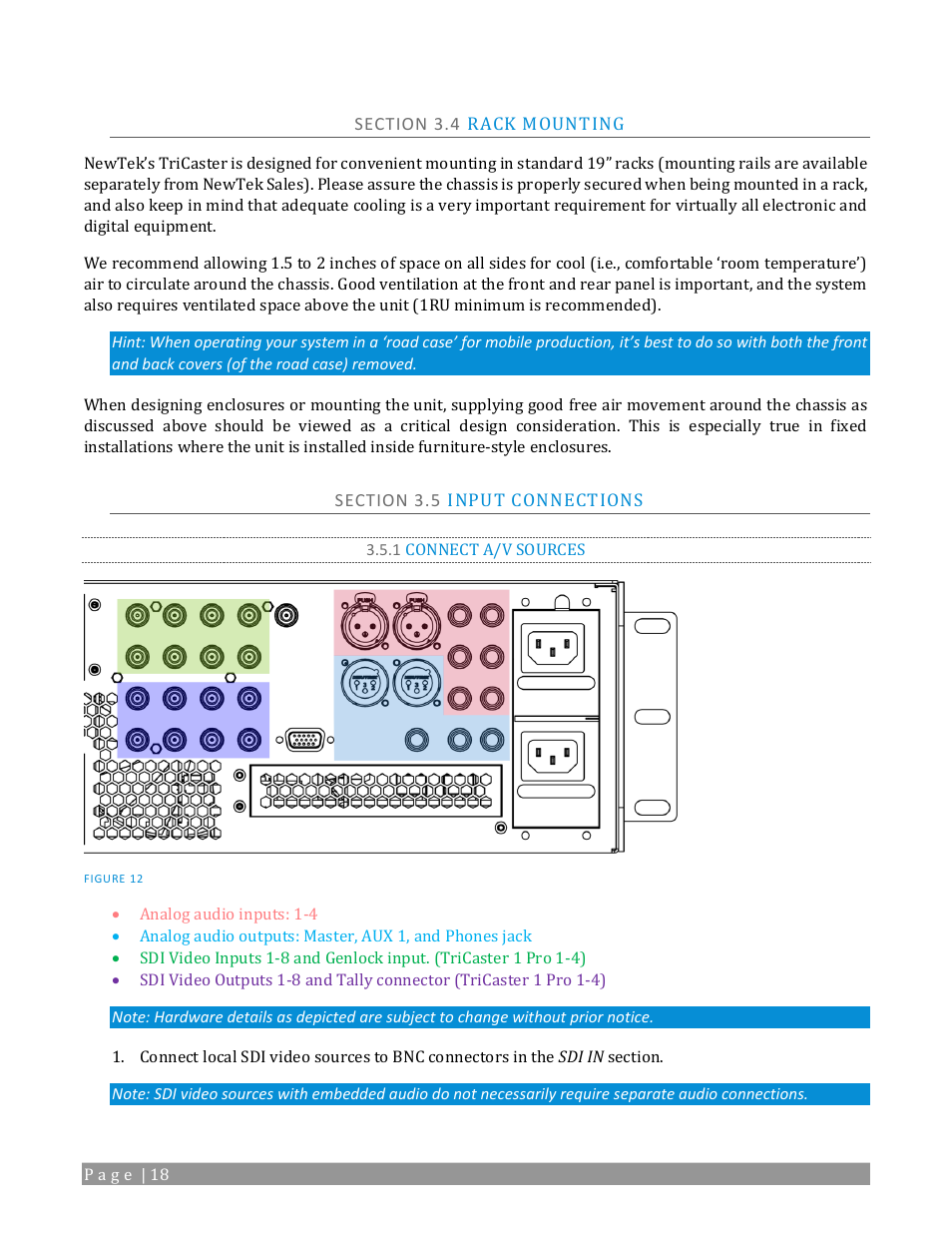 Section 3.4 rack mounting, Section 3.5 input connections, 1 connect a/v sources | NewTek TriCaster 2 Elite (3 RU) User Manual | Page 36 / 318