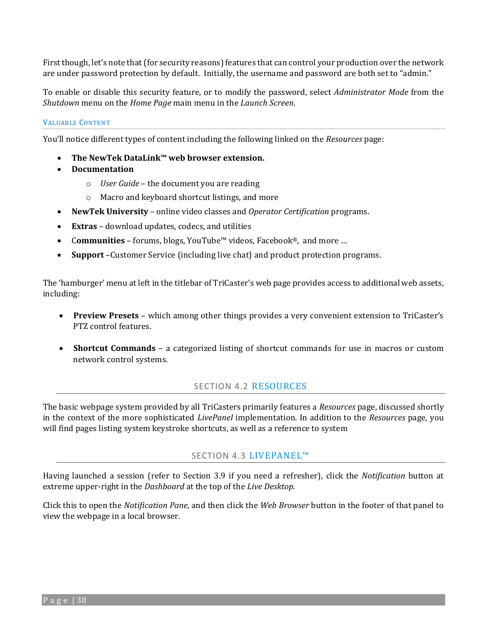 Section 4.2 resources, Section 4.3, Livepanel | NewTek TriCaster 2 Elite (3 RU) User Manual | Page 56 / 318