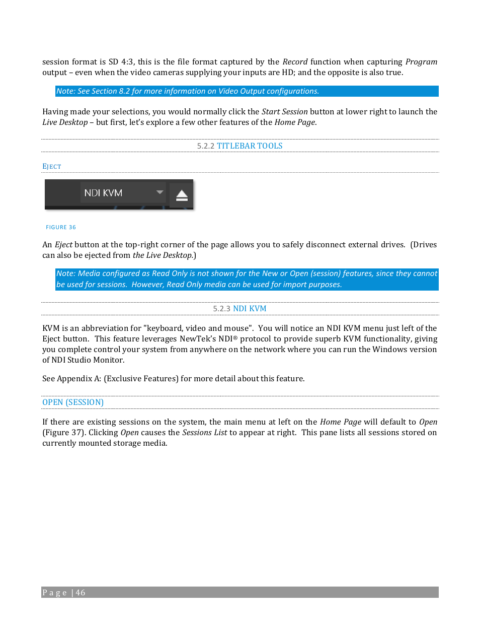 2 titlebar tools, 3 ndi kvm, Open (session) | NewTek TriCaster 2 Elite (3 RU) User Manual | Page 64 / 318