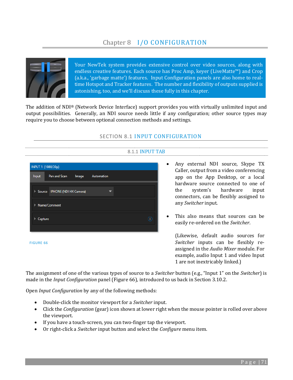 Chapter 8, I/o configuration, Section 8.1 input configuration | 1 input tab, Section 8.1.1 for, Chapter 8 i/o configuration | NewTek TriCaster 2 Elite (3 RU) User Manual | Page 89 / 318