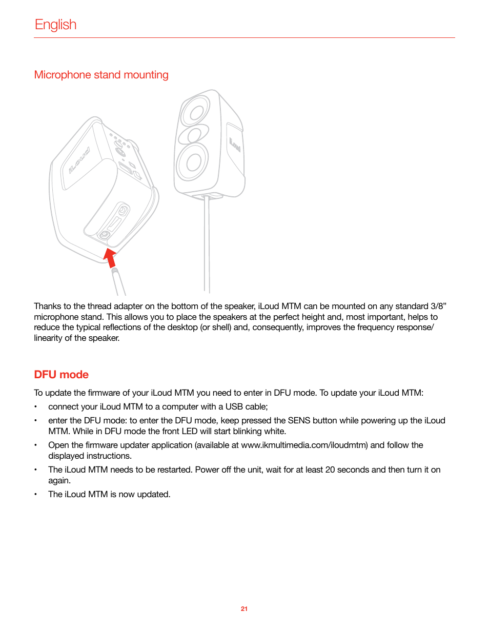 Microphone stand mounting, Dfu mode, English | IK Multimedia iLoud MTM Immersive Bundle High Resolution Compact Studio Monitors (11 Speakers, Black) User Manual | Page 22 / 102