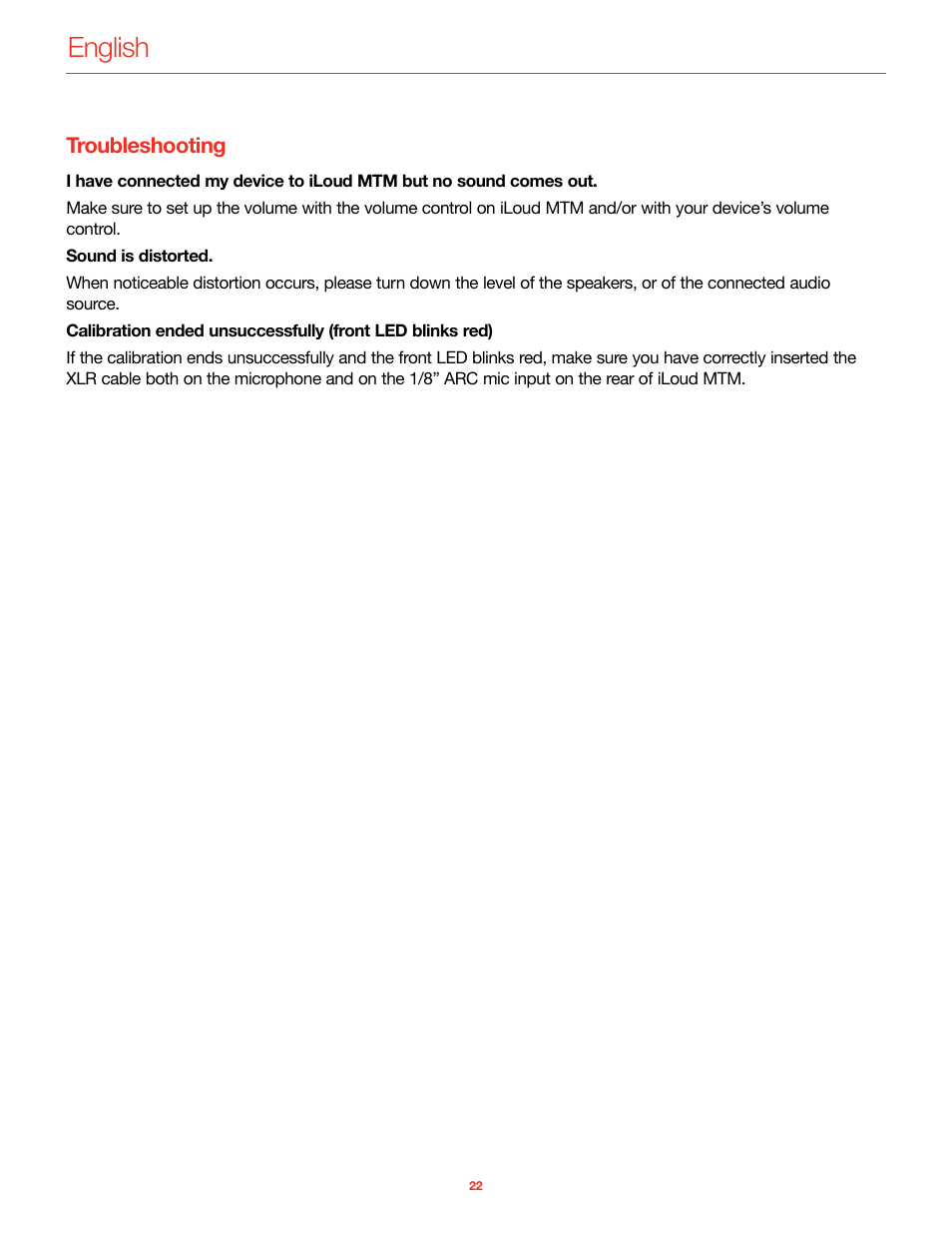 Troubleshooting, English | IK Multimedia iLoud MTM Immersive Bundle High Resolution Compact Studio Monitors (11 Speakers, Black) User Manual | Page 23 / 102