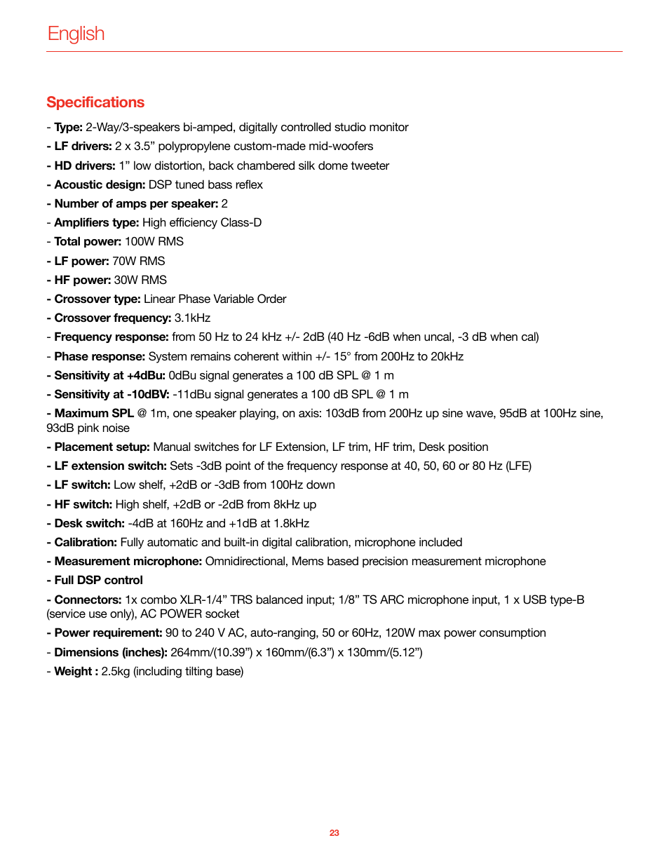 Specifications, English | IK Multimedia iLoud MTM Immersive Bundle High Resolution Compact Studio Monitors (11 Speakers, Black) User Manual | Page 24 / 102