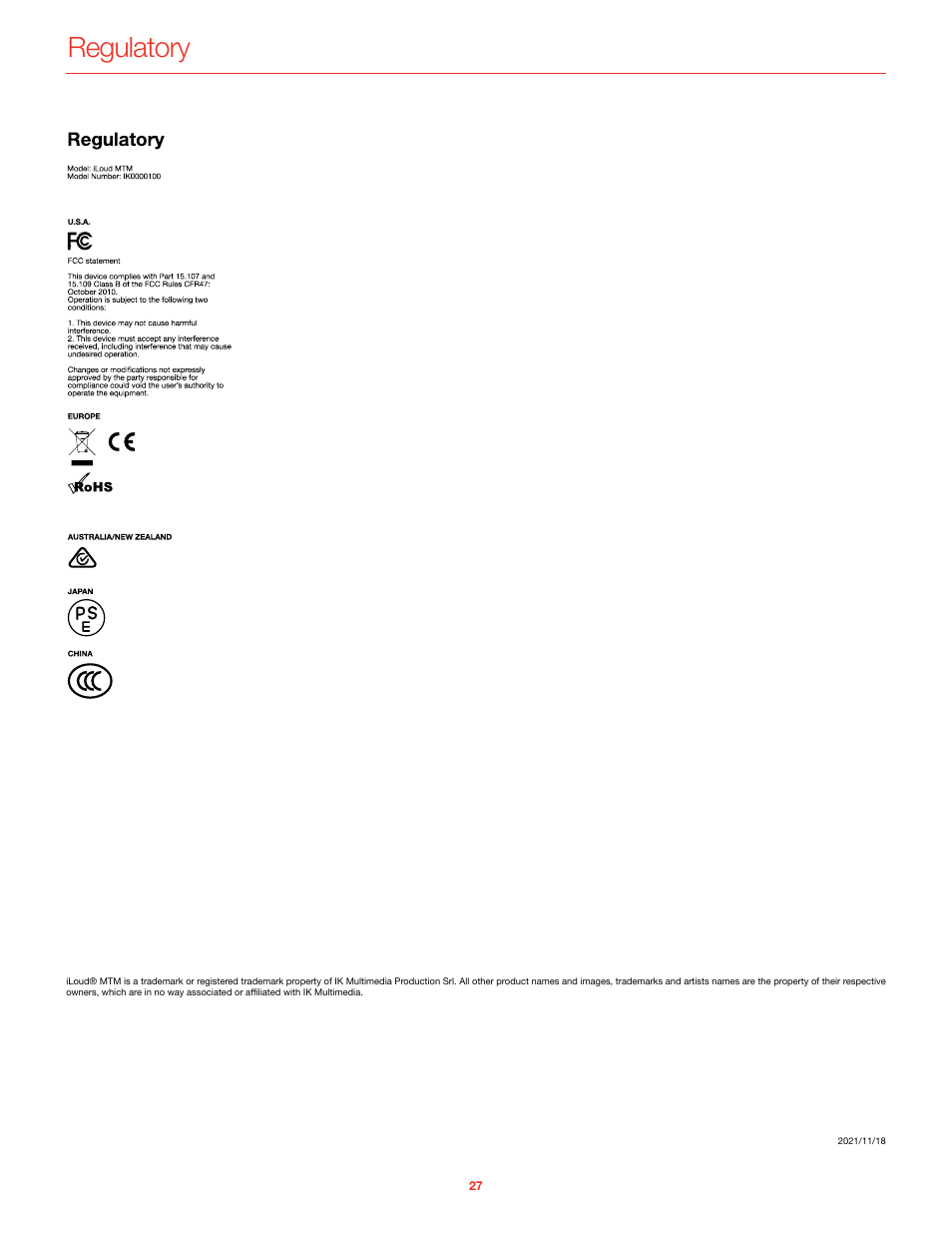 Regulatory | IK Multimedia iLoud MTM Immersive Bundle High Resolution Compact Studio Monitors (11 Speakers, Black) User Manual | Page 28 / 102