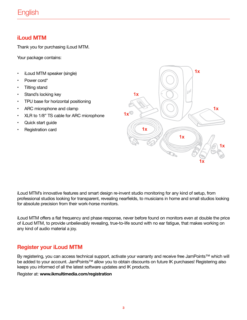 Iloud mtm, Register your iloud mtm, English | IK Multimedia iLoud MTM Immersive Bundle High Resolution Compact Studio Monitors (11 Speakers, Black) User Manual | Page 4 / 102