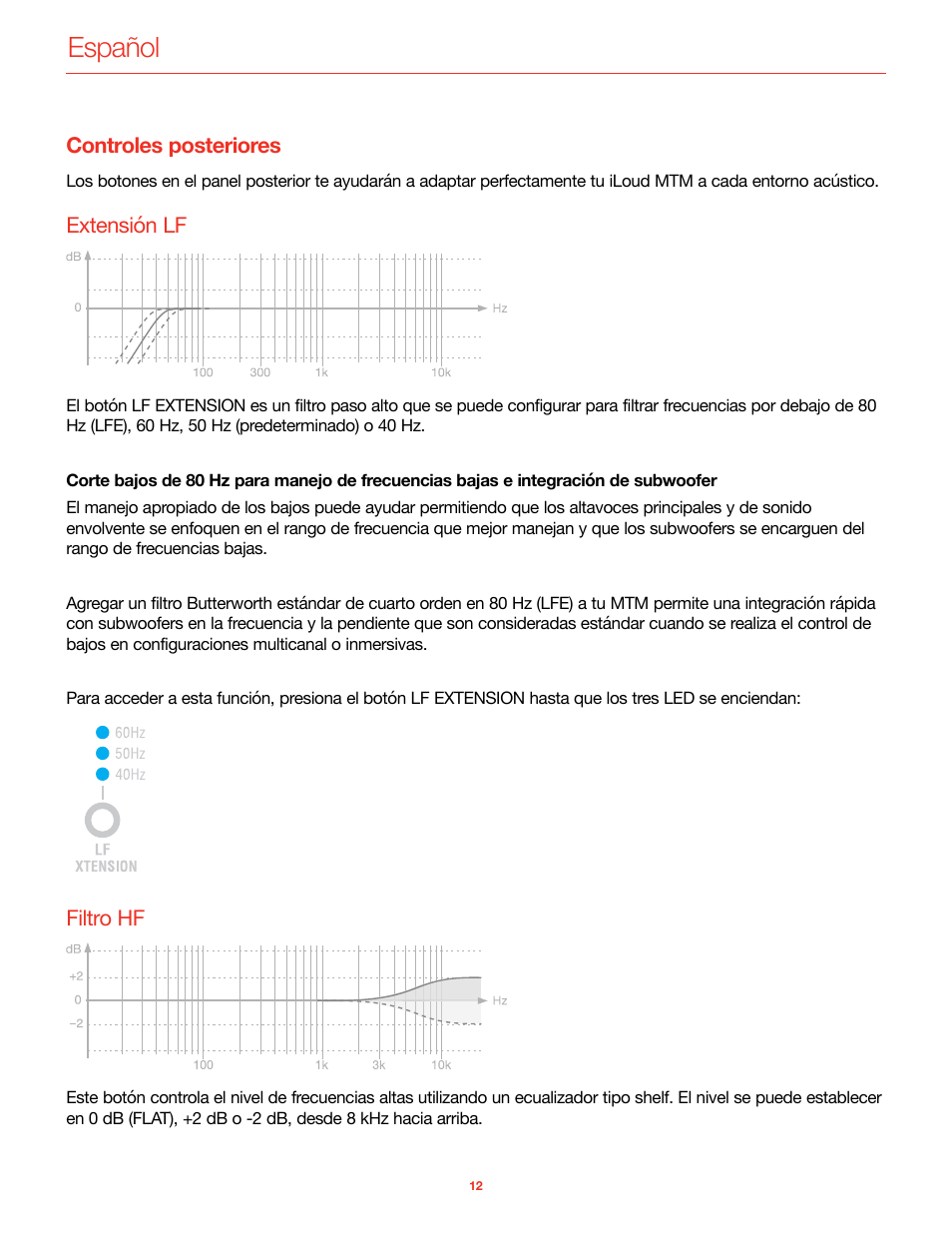 Controles posteriores, Extensión lf, Filtro hf | Español | IK Multimedia iLoud MTM Immersive Bundle High Resolution Compact Studio Monitors (11 Speakers, Black) User Manual | Page 87 / 102