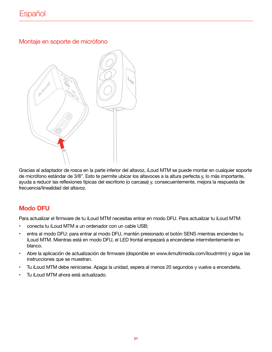 Montaje en soporte de micrófono, Modo dfu, Español | IK Multimedia iLoud MTM Immersive Bundle High Resolution Compact Studio Monitors (11 Speakers, Black) User Manual | Page 96 / 102