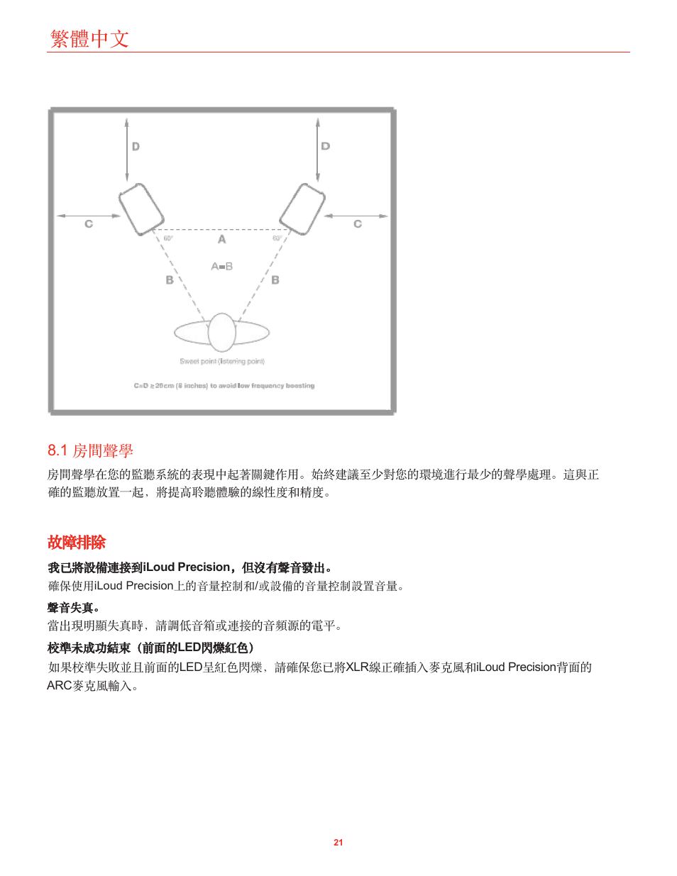 1 房間聲學, 故障排除, 繁體中文 | IK Multimedia iLoud Precision MTM Active 2-Way 175W Dual 5" Studio Monitor (White, Single) User Manual | Page 116 / 119