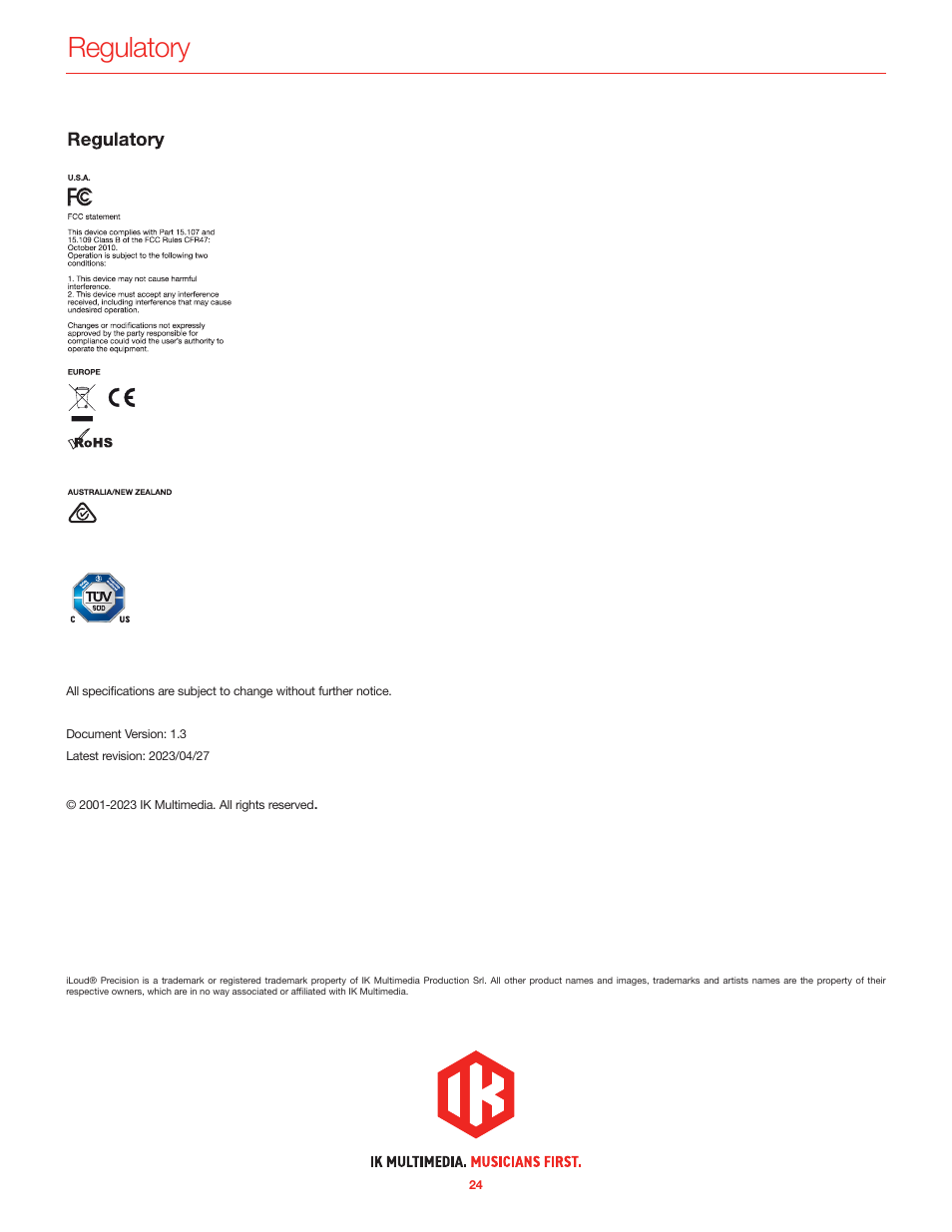 Regulatory | IK Multimedia iLoud Precision MTM Active 2-Way 175W Dual 5" Studio Monitor (White, Single) User Manual | Page 119 / 119