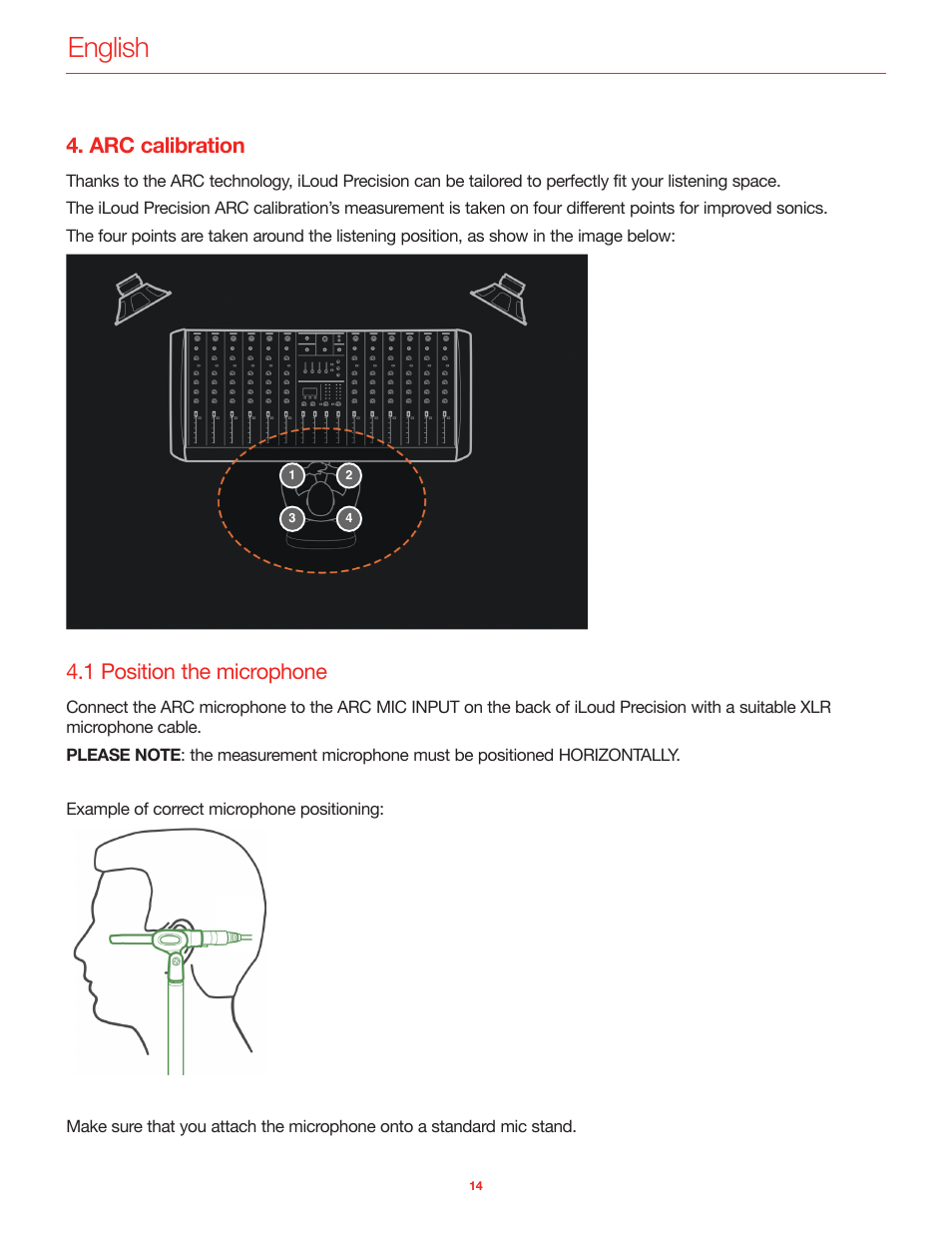 Arc calibration, 1 position the microphone, English | IK Multimedia iLoud Precision MTM Active 2-Way 175W Dual 5" Studio Monitor (White, Single) User Manual | Page 14 / 119