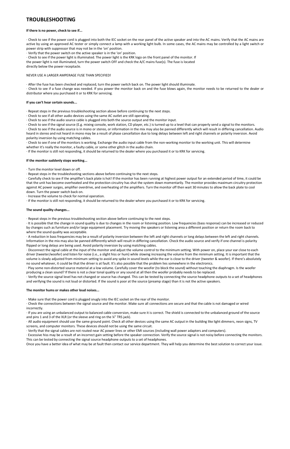 Troubleshooting | KRK ROKIT 5 G4 White Noise 5" 2-Way Active Studio Monitor (Single, White) User Manual | Page 5 / 37