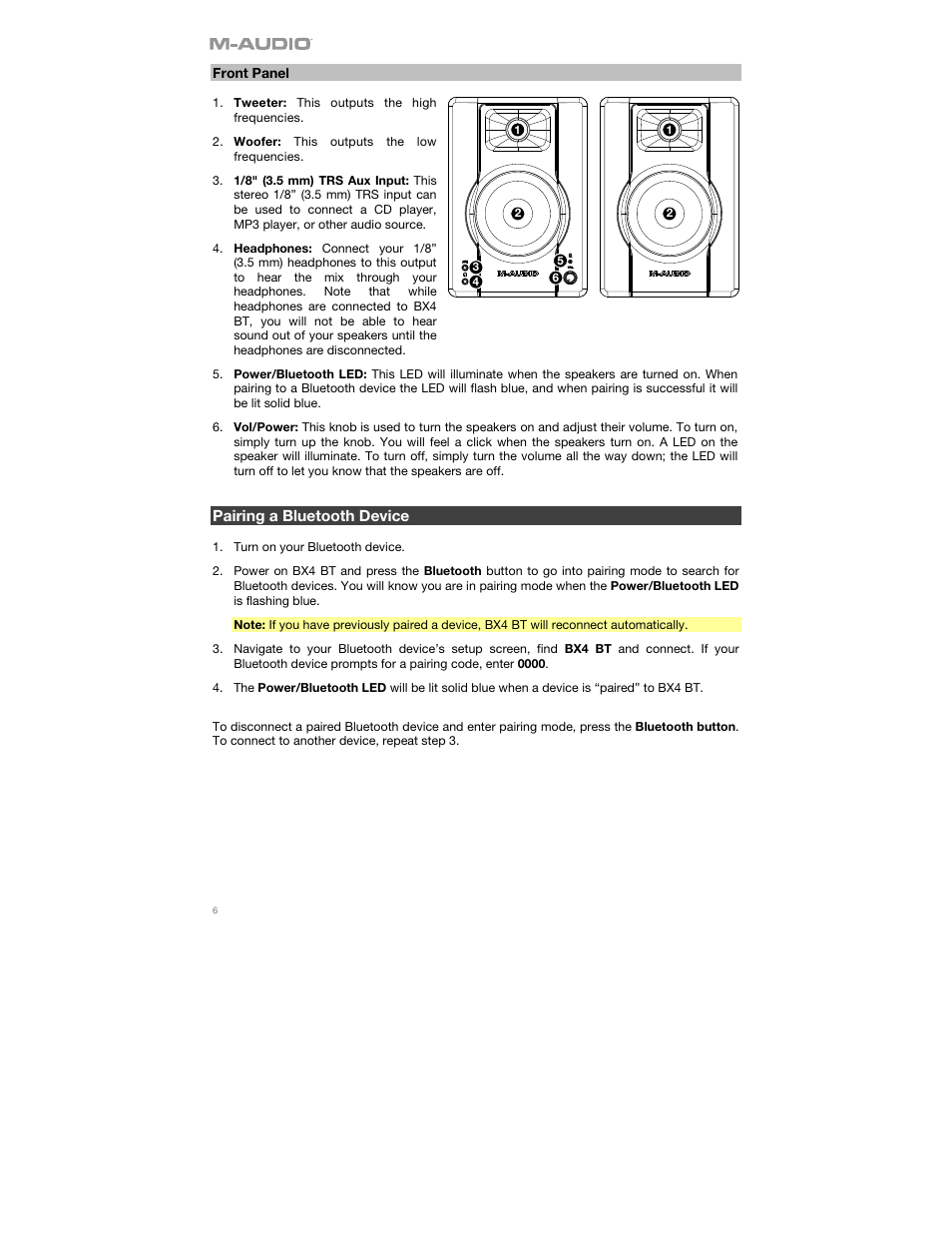 Front panel, Pairing a bluetooth device | M-AUDIO BX4BT 4.5" 120W Studio Monitors (Pair) User Manual | Page 6 / 28