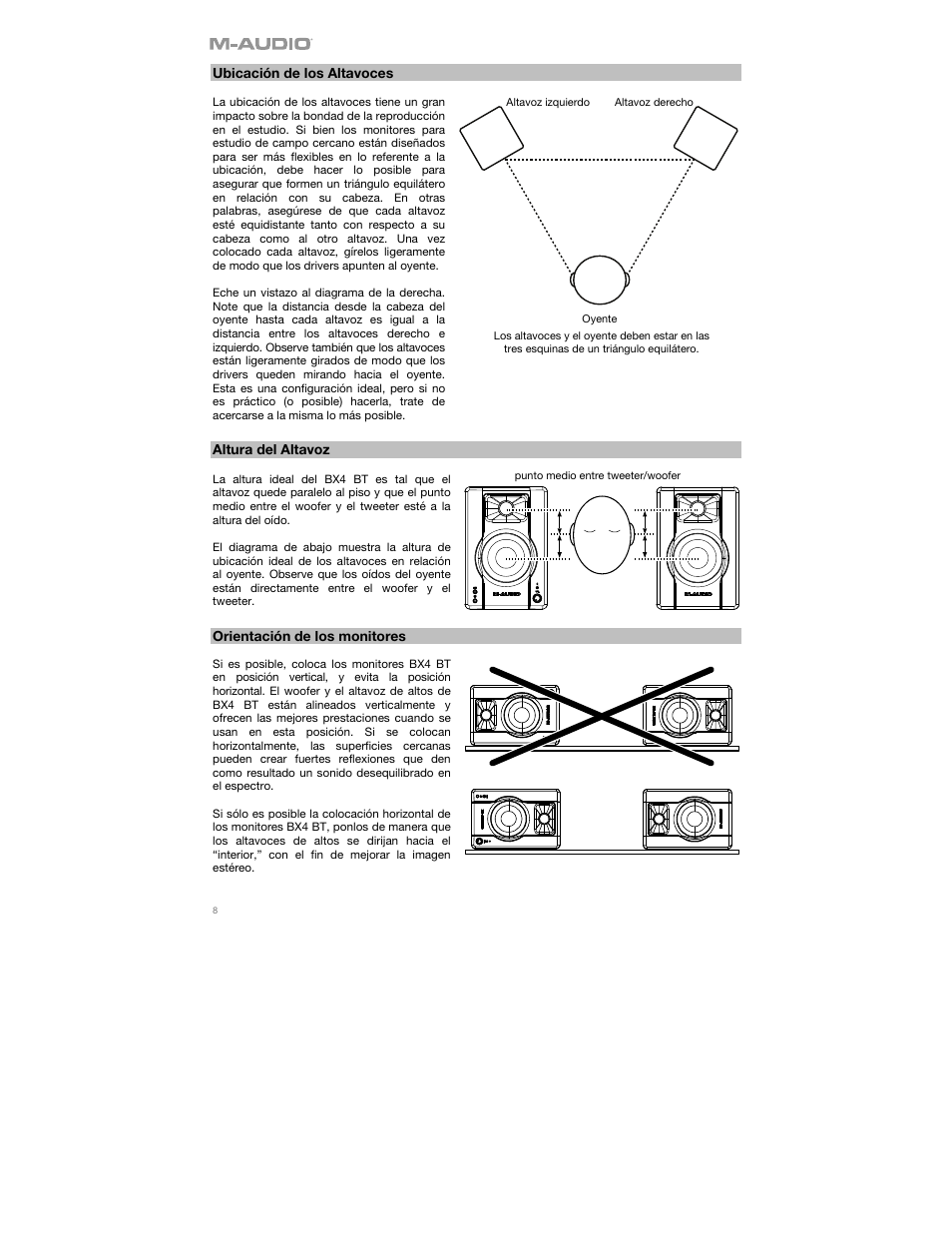 Ubicación de los altavoces, Altura del altavoz, Orientación de los monitores | M-AUDIO BX4BT 4.5" 120W Studio Monitors (Pair) User Manual | Page 8 / 28