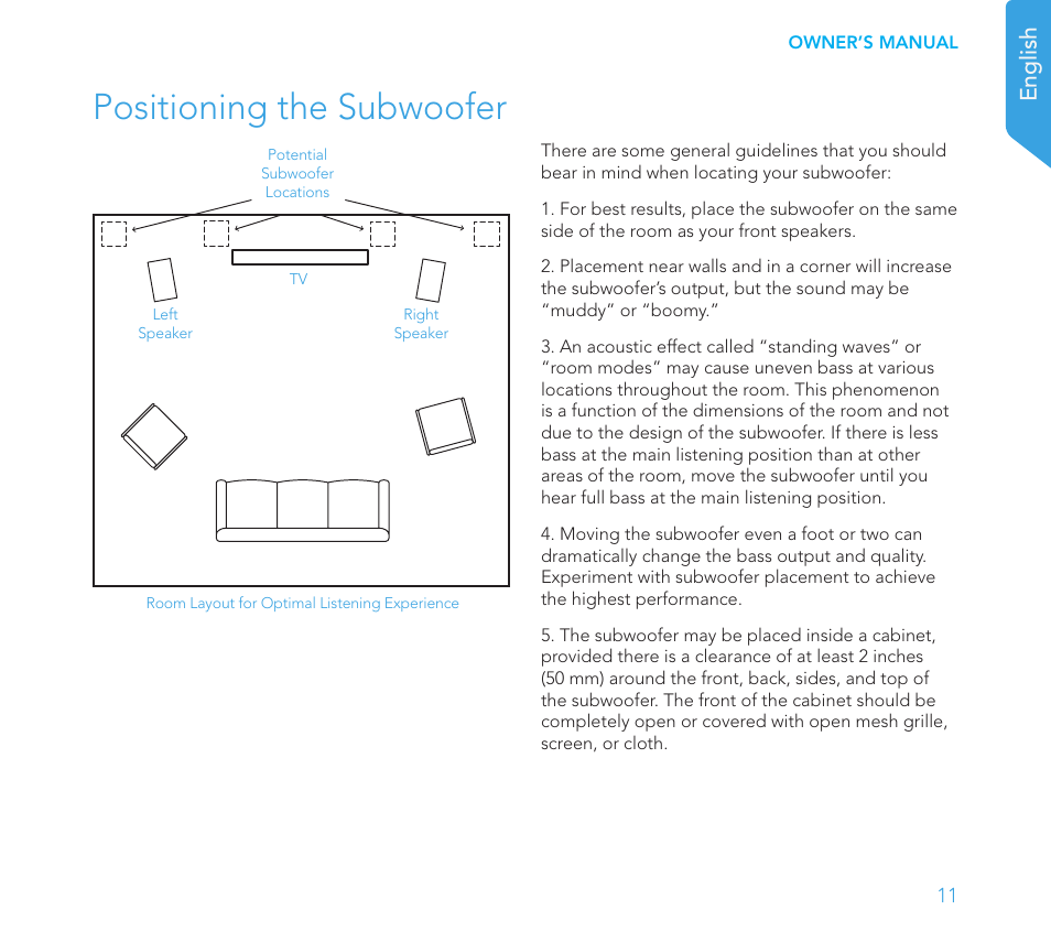 Positioning the subwoofer, English | Definitive Technology 1x15"Longthrow Woofer and 2-15" Radiators (Black) User Manual | Page 11 / 59