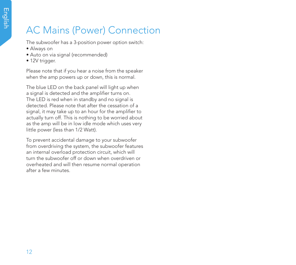 Ac mains (power) connection | Definitive Technology 1x15"Longthrow Woofer and 2-15" Radiators (Black) User Manual | Page 12 / 59