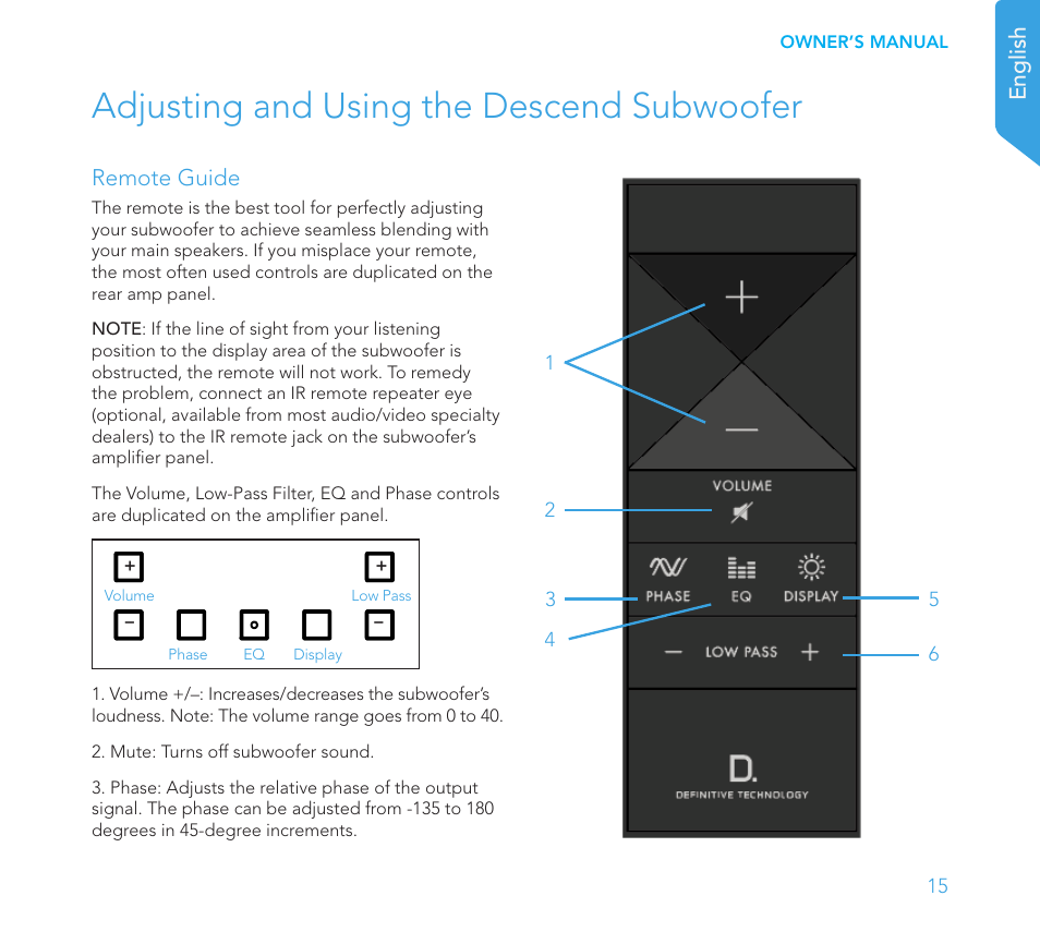 Adjusting and using the descend subwoofer, English, Remote guide | Definitive Technology 1x15"Longthrow Woofer and 2-15" Radiators (Black) User Manual | Page 15 / 59